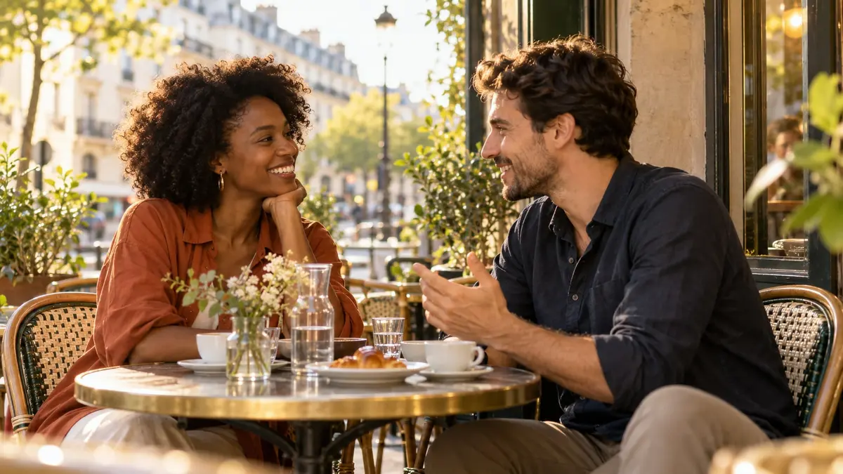 Une femme noire et un homme sourient en discutant à la terrasse d’un café français baignée de soleil.