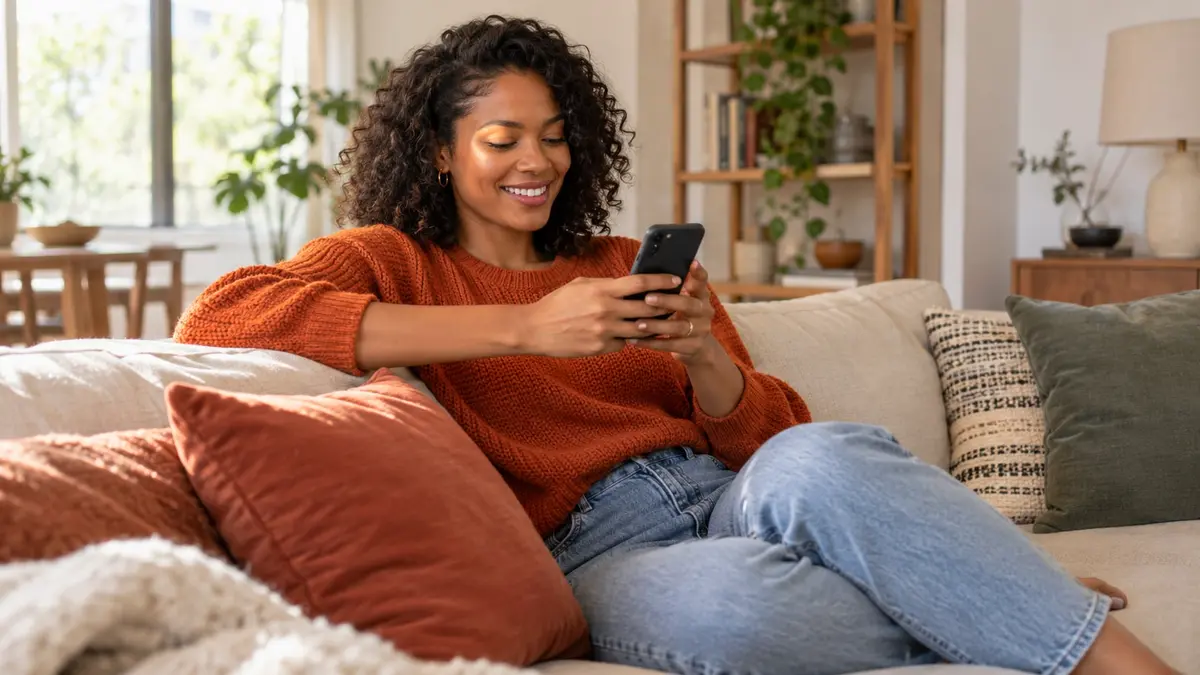 Femme noire souriante assise sur un canapé, regardant son téléphone dans un salon lumineux.