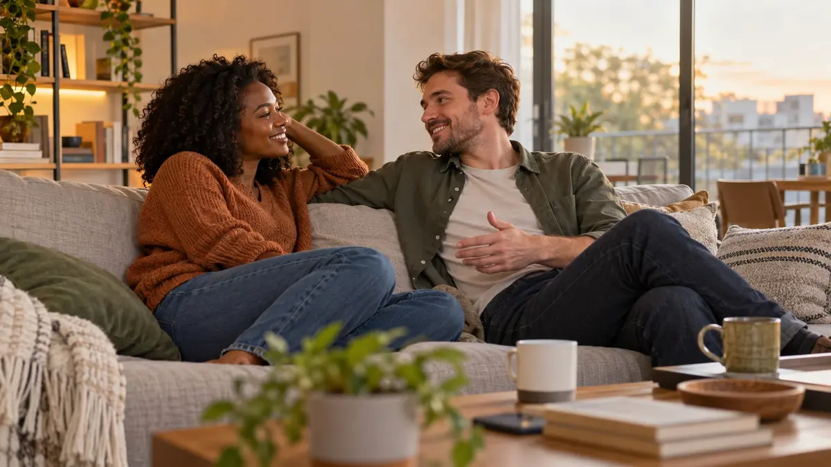 Un couple interracial adulte échange un sourire complice sur un canapé baigné de lumière chaude.
