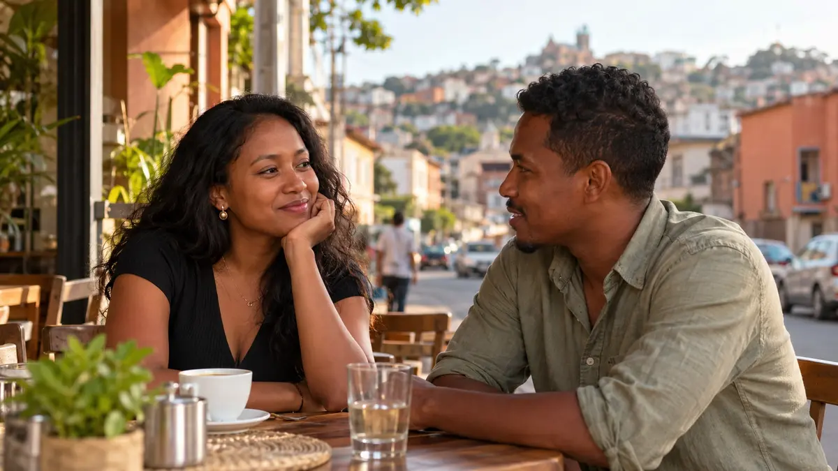 Une femme malgache et son partenaire discutent avec naturel à la terrasse d’un café en ville.