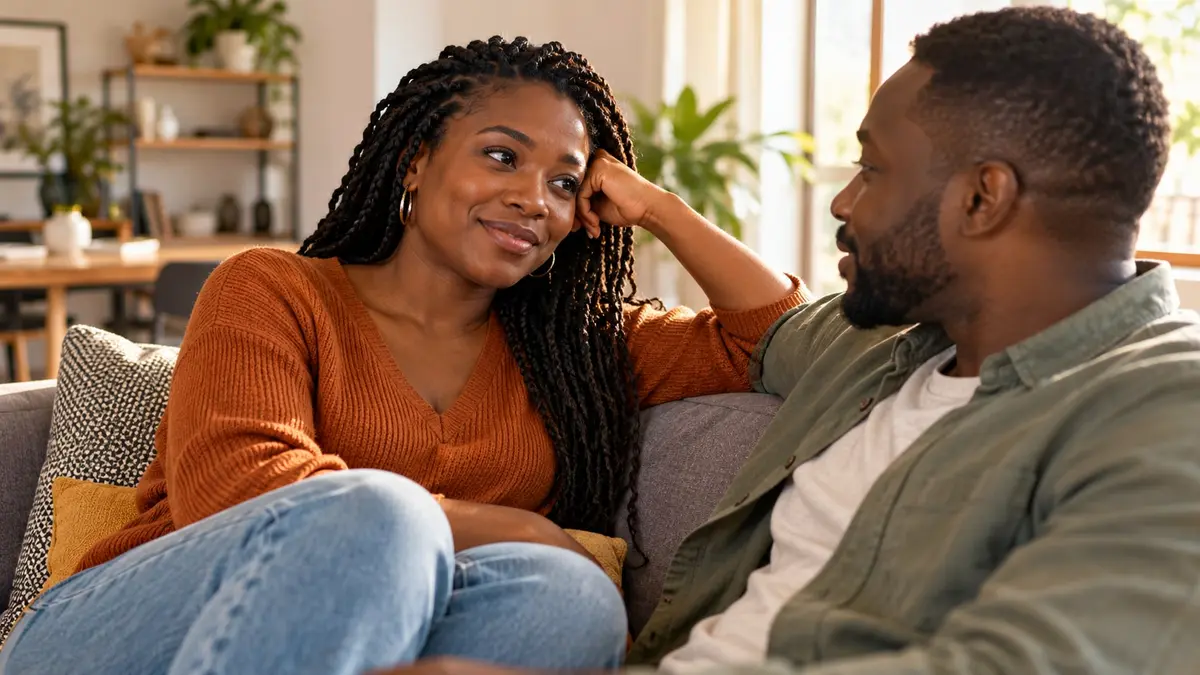 Une femme noire et son partenaire discutent avec complicité sur un canapé baigné de lumière naturelle.