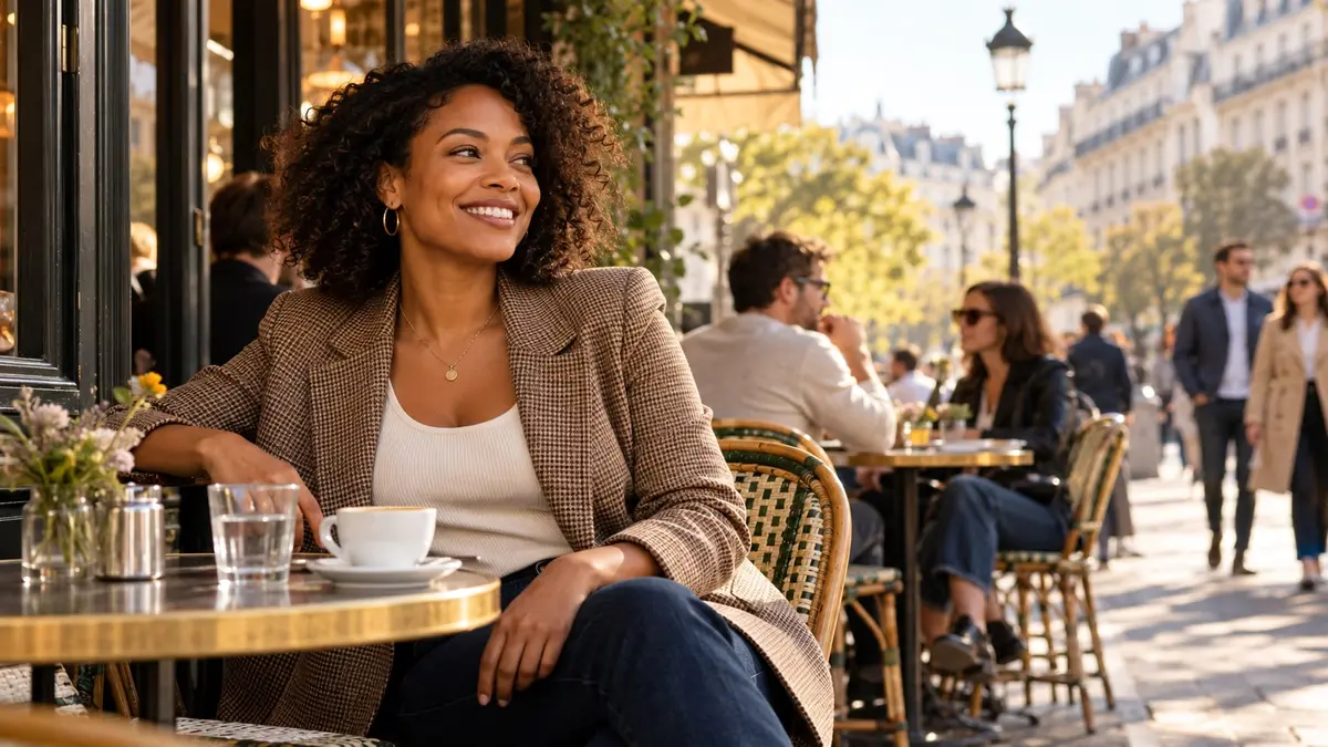 Une femme africaine souriante est assise à la terrasse d’un café dans une rue française ensoleillée.