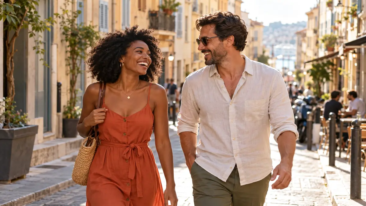 Une femme noire et un homme rient en se promenant dans une rue ensoleillée de Marseille.