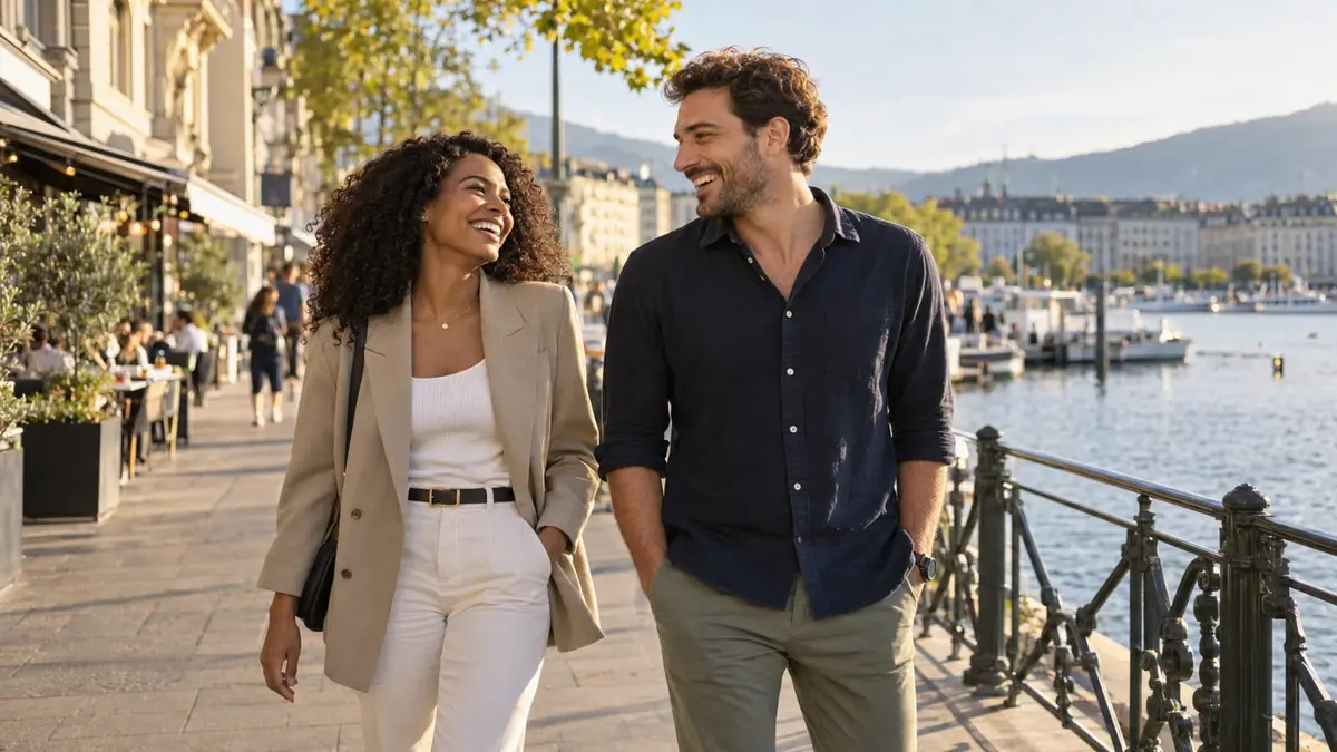 Une femme noire et un homme rient en marchant dans une rue ensoleillée de Genève.