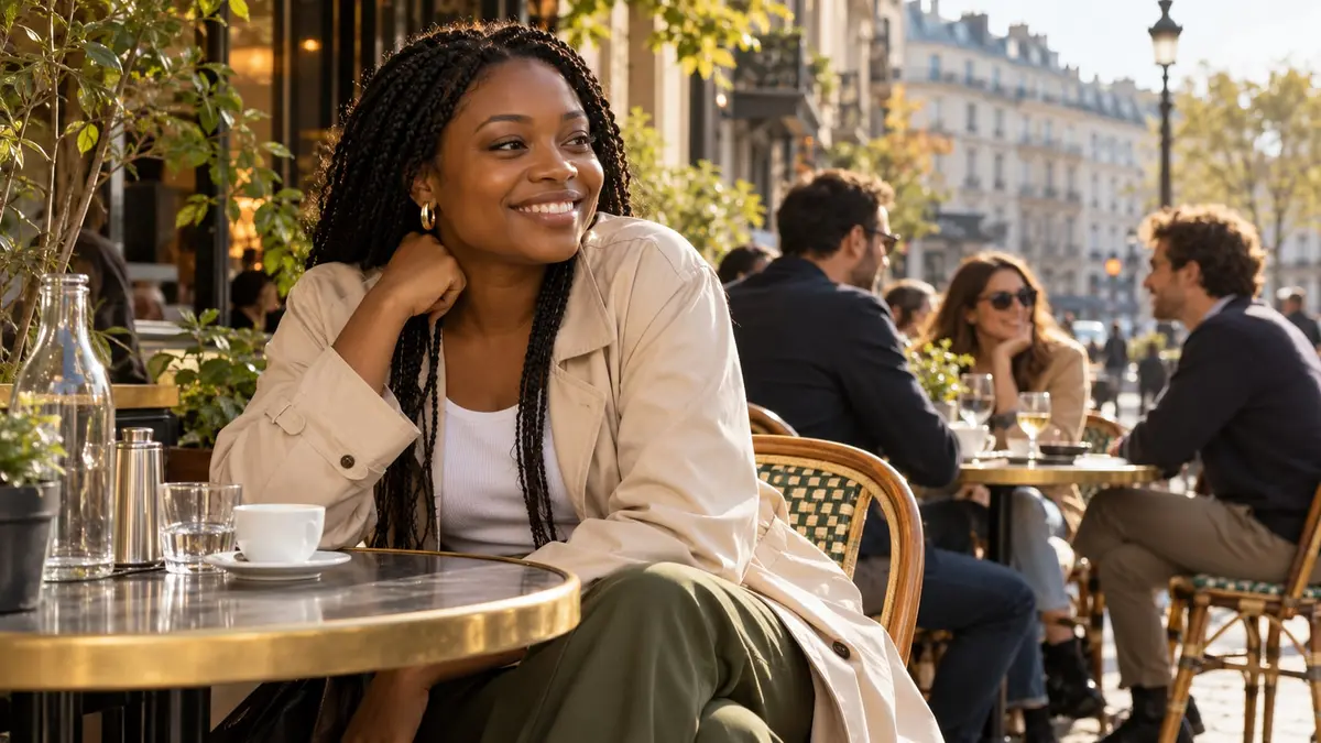 Une femme congolaise sourit à la terrasse d’un café français baigné de lumière dorée.