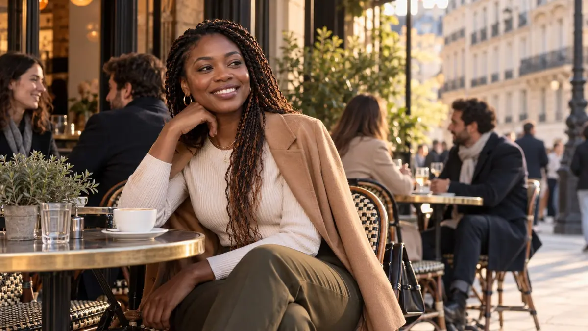 Une femme ivoirienne souriante, assise à la terrasse d’un café français baigné de lumière chaude.