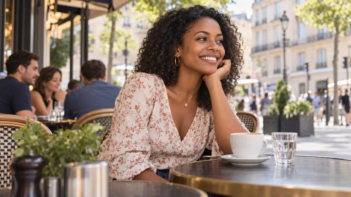Une femme souriante est assise à la terrasse d’un café dans une rue française ensoleillée.